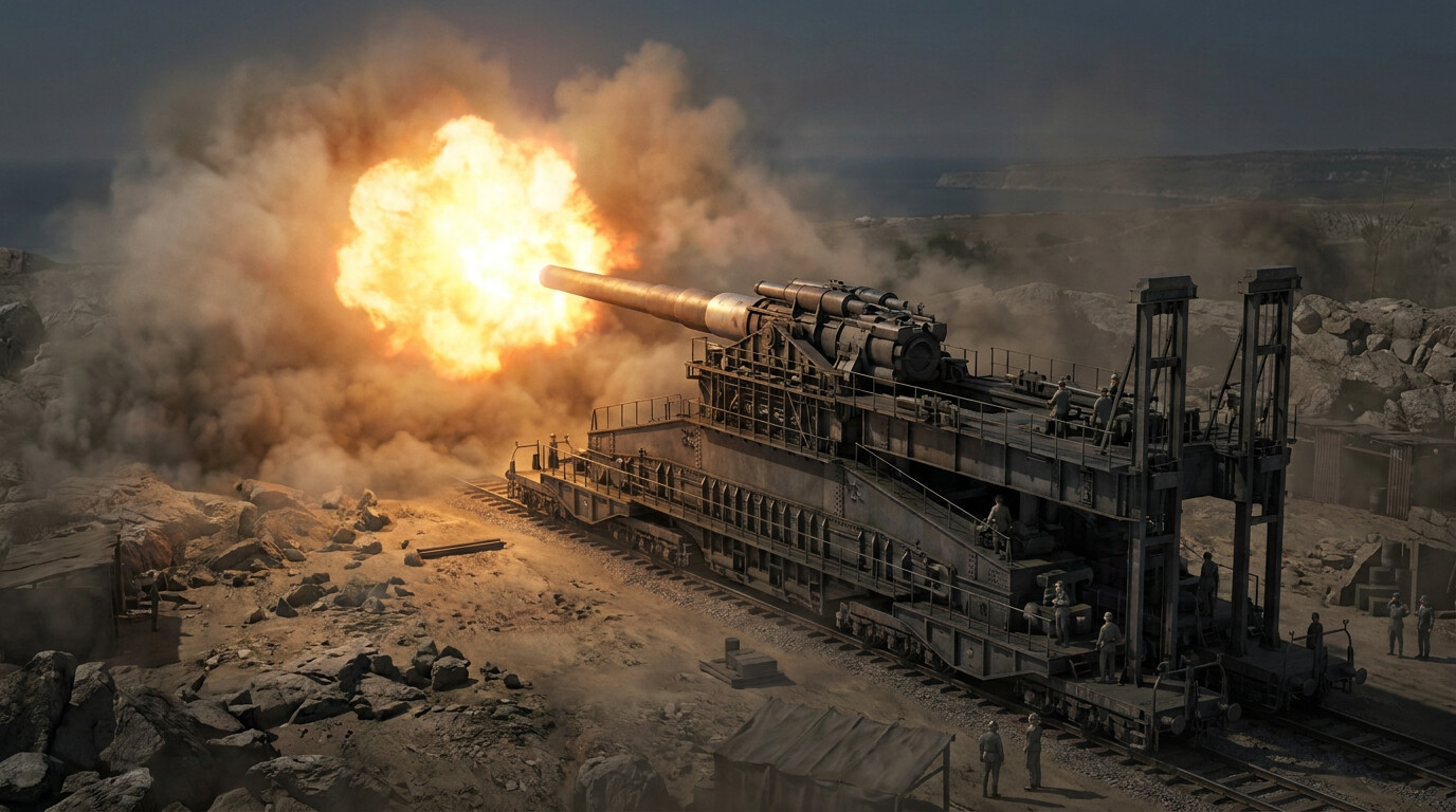 The massive German 800mm railway gun 'Dora' firing at Sevastopol