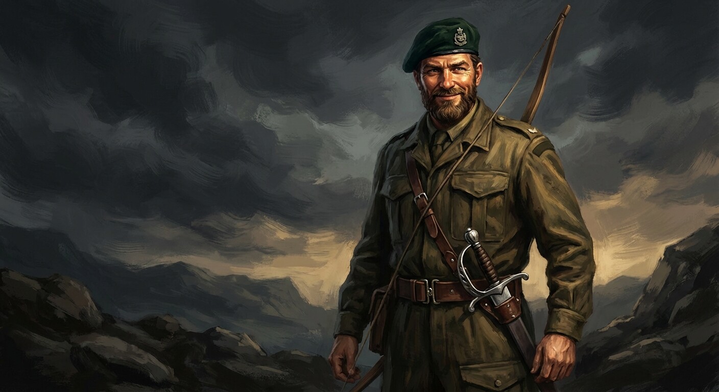 Jack Churchill in full kit with broadsword and longbow