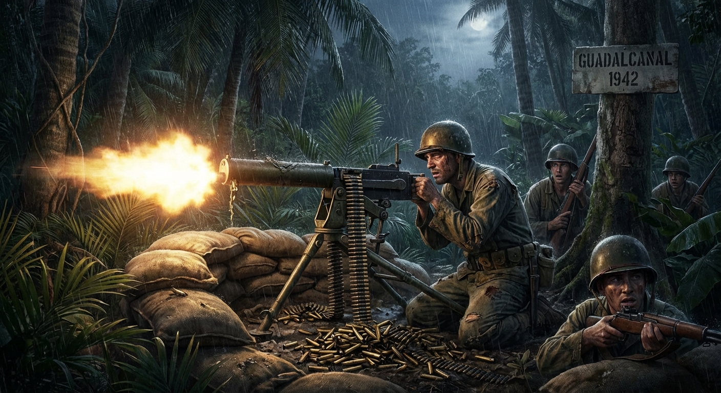 Basilone behind his Browning machine gun at Henderson Field