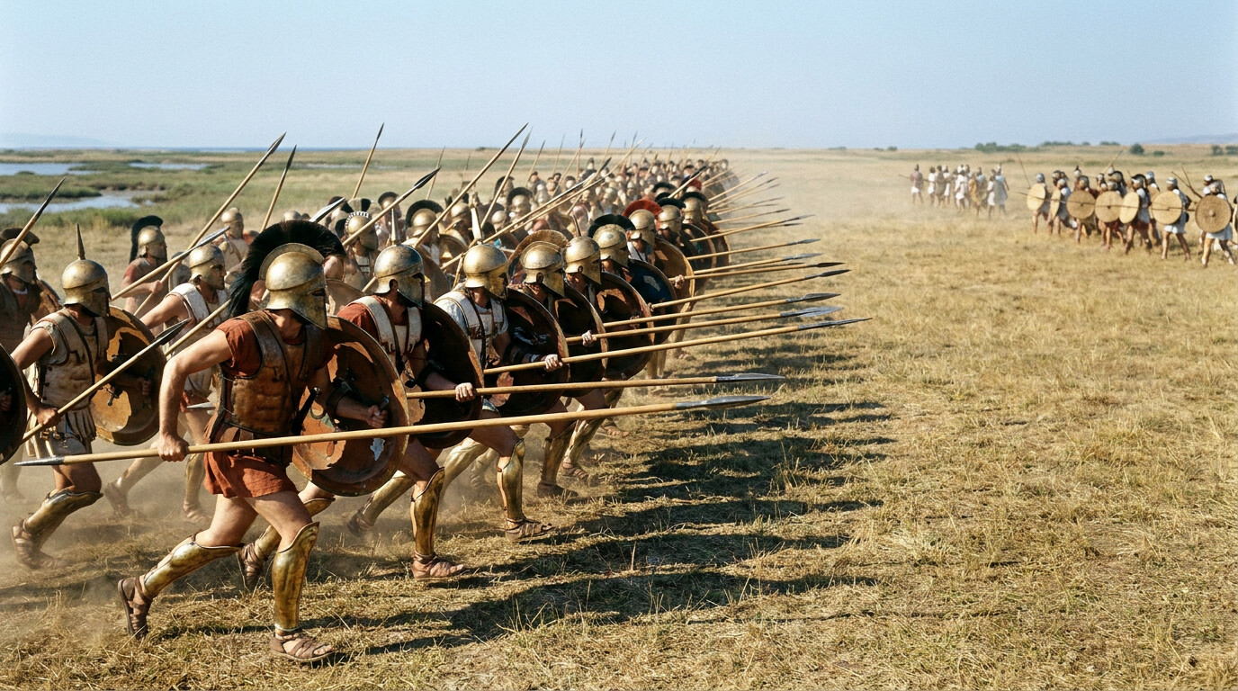 The charge: the Athenian and Plataean phalanx advancing at speed across the plain of Marathon, bronze shields and spear points catching the morning sun, the line remarkably cohesive despite running. The Persian line is visible ahead. This is the decisive moment.
