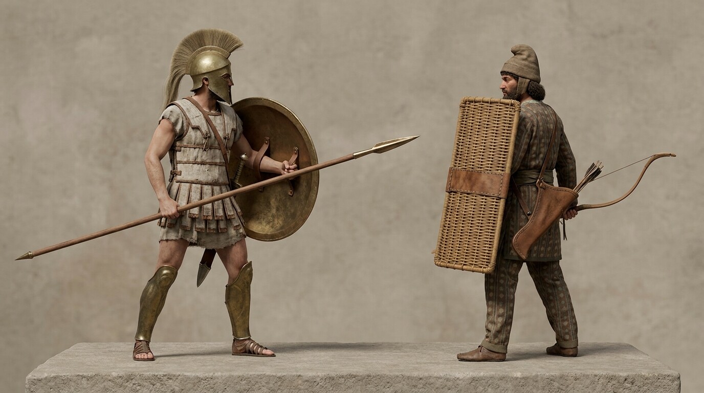 Equipment breakdown: a detailed visual showing a Greek hoplite of 490 BC in full panoply, with the key elements—aspis, doru, xiphos, Corinthian helmet, linothorax, greaves—visible and accurately rendered. A second figure shows the Persian sparabara formation: the large wicker spara shield, the bow, and lighter clothing.