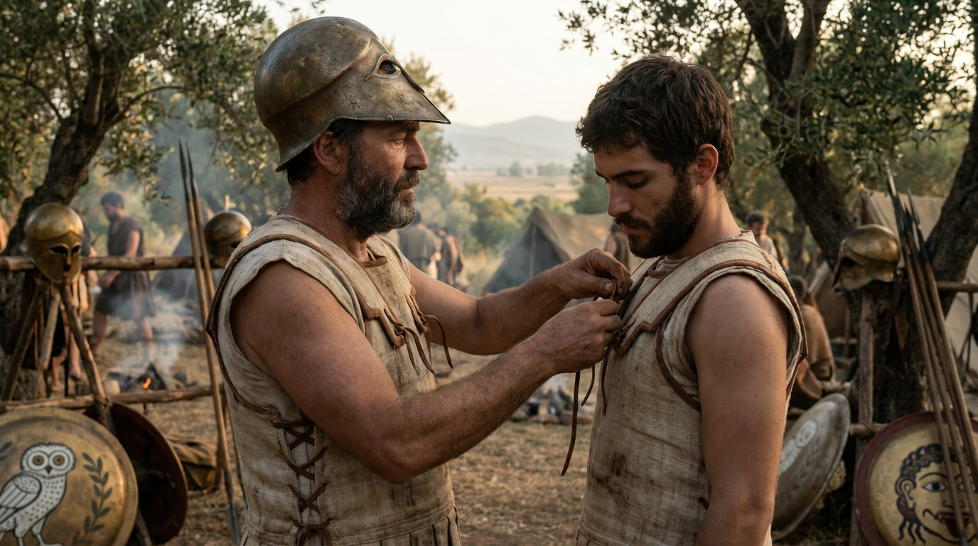 The human scale: a quiet moment in the Athenian camp before the battle. Two hoplites helping each other fasten armor—one older, one younger, perhaps a veteran and a man fighting his first major battle. The intimacy of preparation before violence.