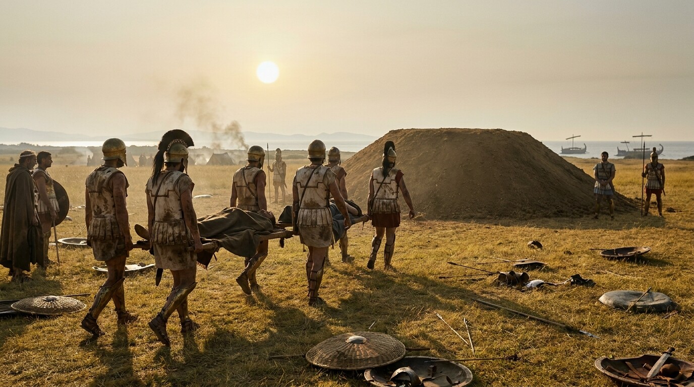 The aftermath and record: the Soros burial mound scene—Athenians carrying their dead to the mound site on the battlefield, the deliberate act of choosing to bury them here rather than take them home. A solemn and civic moment.