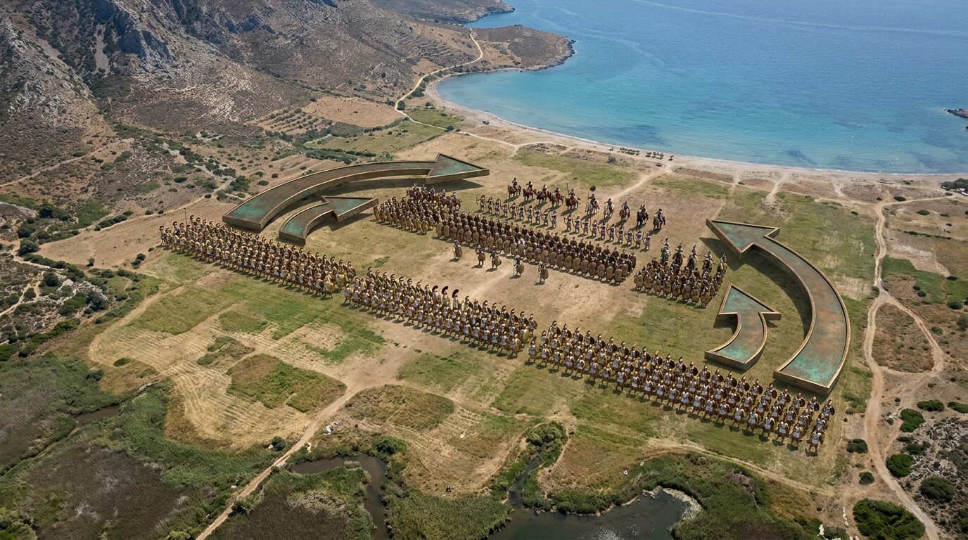 A technical/tactical diagram scene: an aerial view of the plain of Marathon with the two battle lines shown, highlighting the thinned Greek center, reinforced Greek wings, Persian formation, and the envelopment movement of the wings turning inward. Rendered as a dramatic historical map illustration.