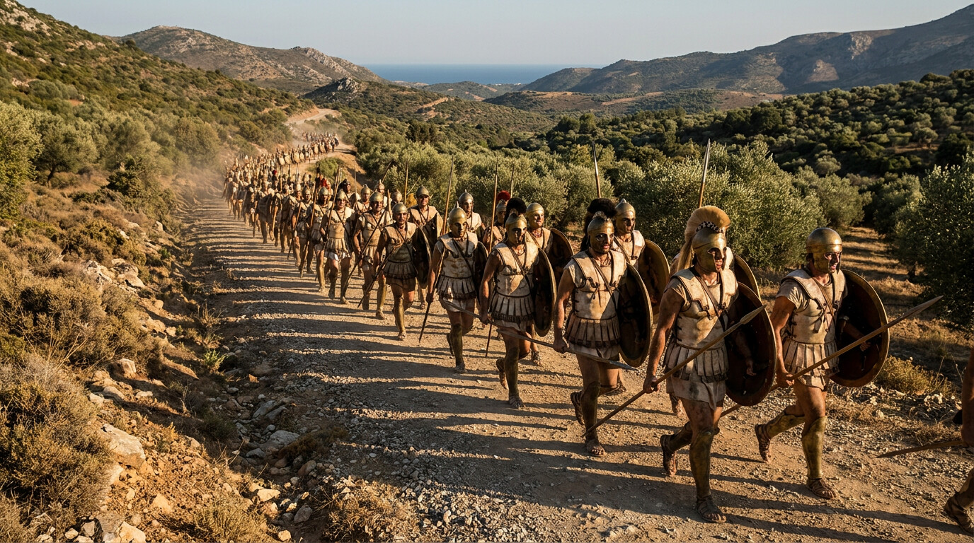 The forced march back to Athens: the Athenian phalanx, still in armor, moving at speed down the road toward Athens through mountain terrain, hours after winning the battle, racing to block the Persian fleet. Exhaustion and iron discipline visible simultaneously.