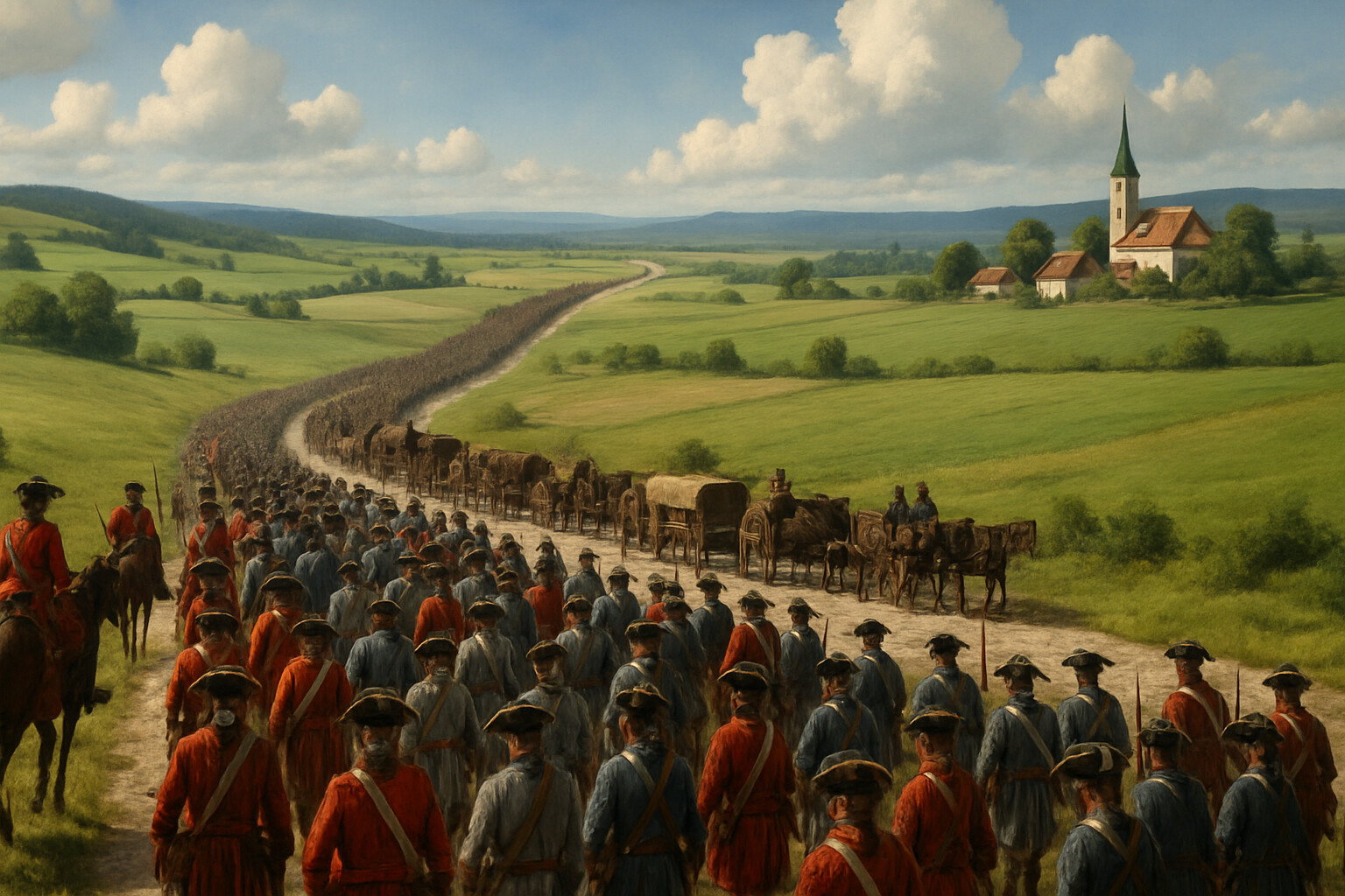 The great march: Marlborough's Allied army columns moving through the Rhine valley, a long snake of red, blue, and grey-coated infantry stretching toward the horizon.