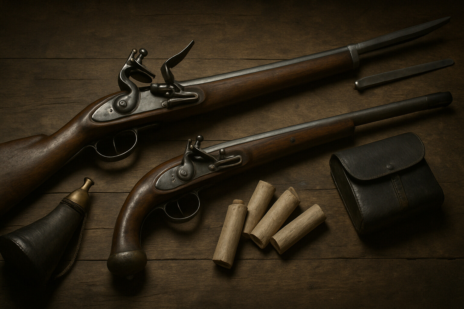Equipment and weapon breakdown: A cutaway or detailed still-life view of the flintlock musket with socket bayonet — the infantry weapon that defined the battle — alongside powder horn, paper cartridges, and a cavalry pistol.
