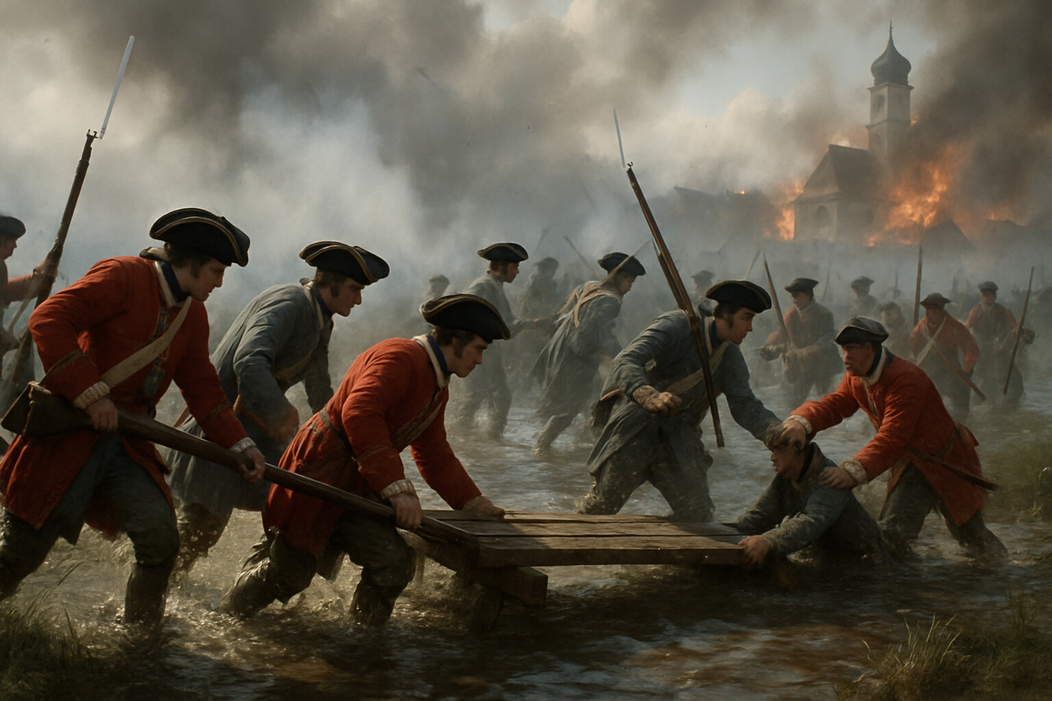 Intimate human scene: Allied infantry crossing the Nebel under fire. Men wade through the marshy ground, some pushing portable bridges, musket smoke overhead, the village of Blindheim burning in the background.