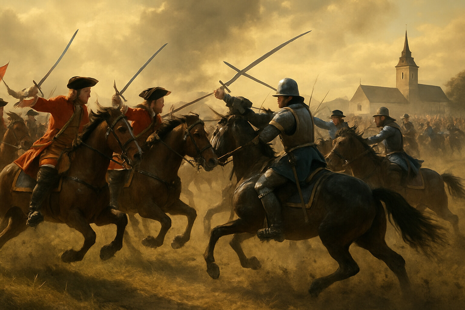 The decisive cavalry charge through the French center: Allied horse in a thundering charge across the Danube plain, meeting French cavalry without infantry support, the breakthrough moment of the battle.