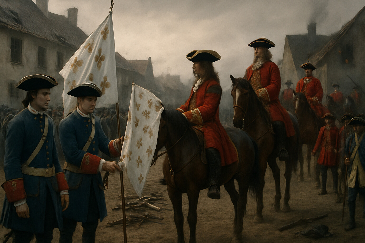 Aftermath: The morning of August 14, 1704. The French garrison of Blindheim marching out in surrender — thousands of French infantry laying down their colors and arms before Allied forces.