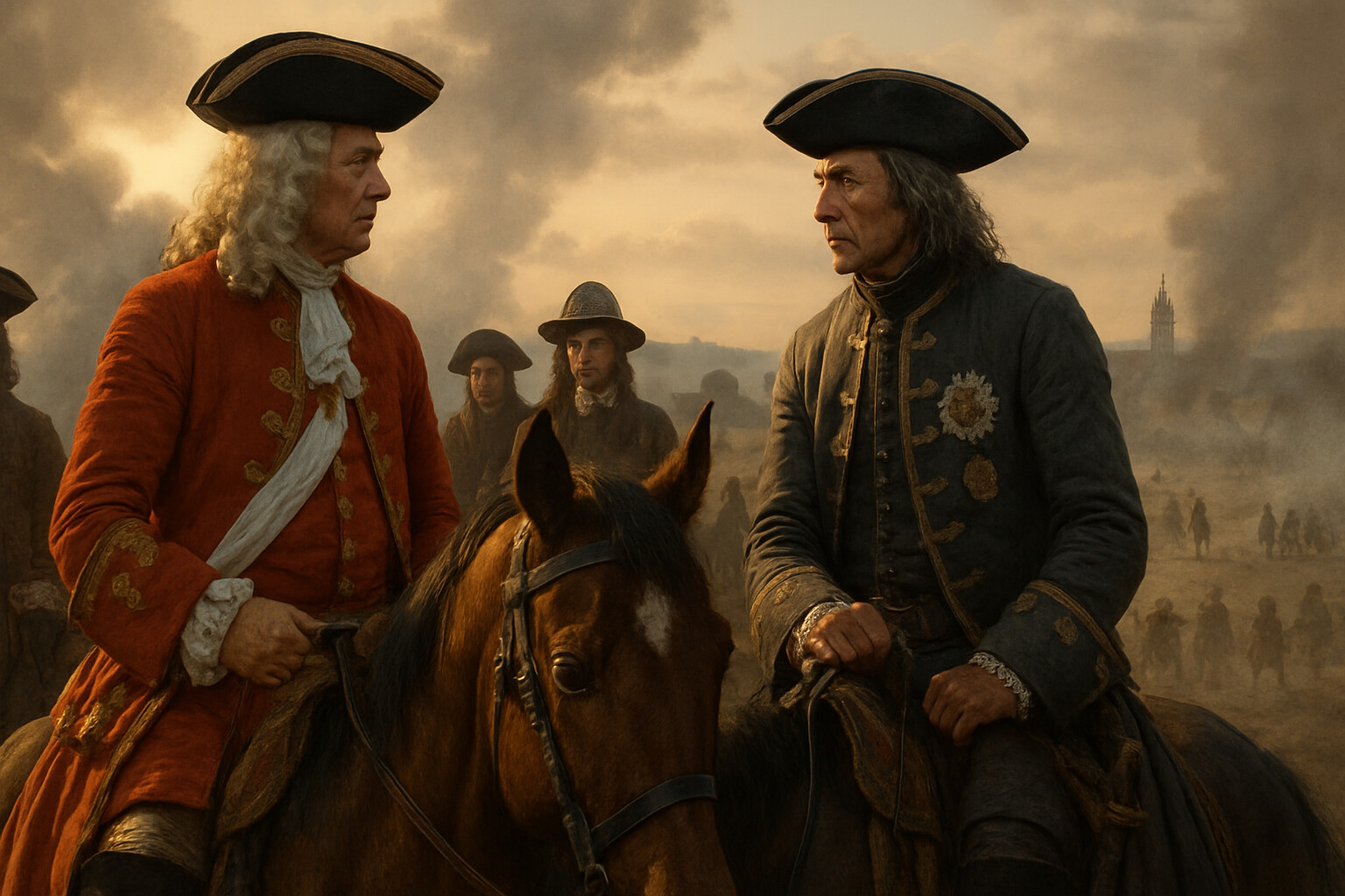 Marlborough and Prince Eugene meet on the battlefield after the victory — two commanders in a private moment of acknowledgment amid the smoke and aftermath of one of the era's most decisive battles.