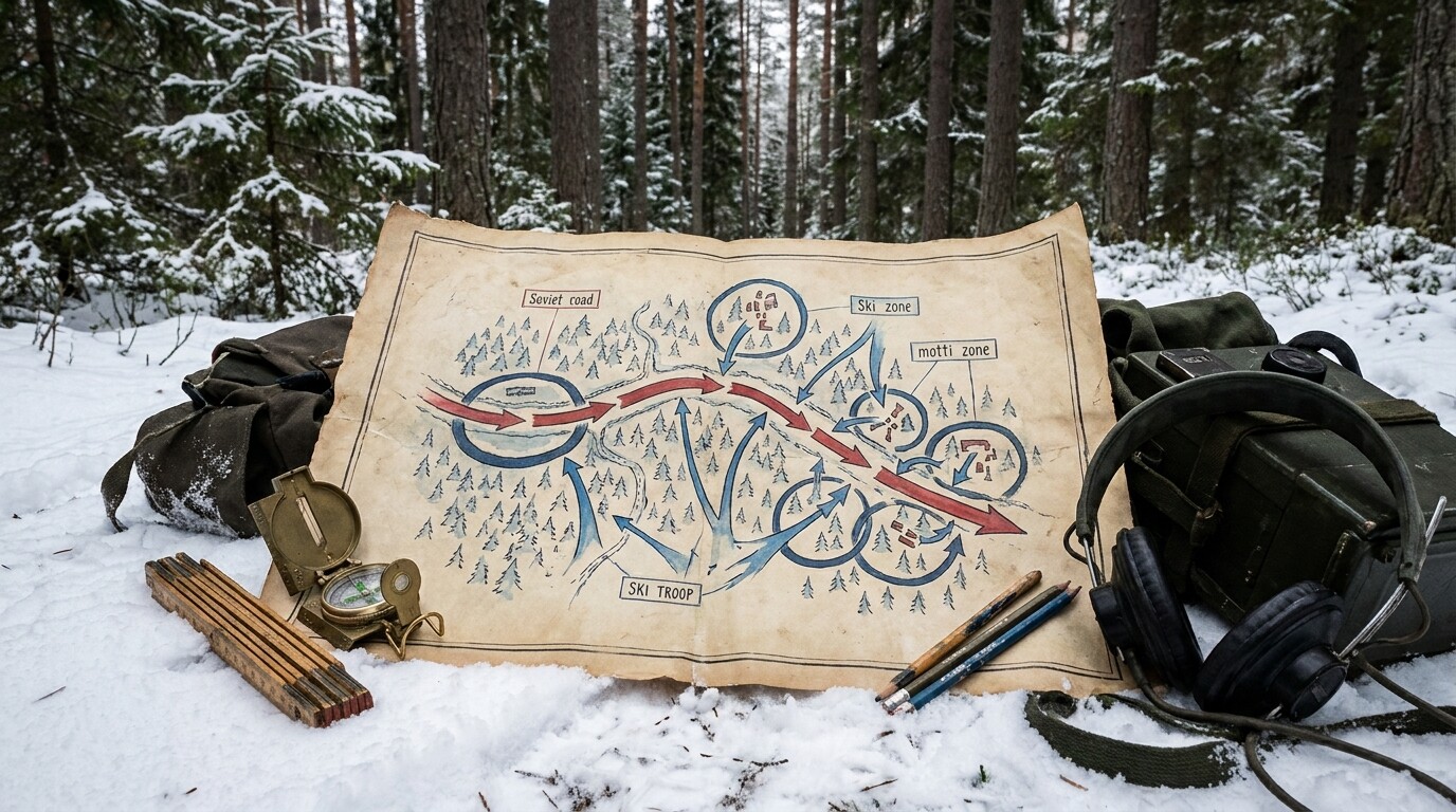 Tactical map showing motti strategy - Soviet column cut into isolated segments by Finnish attacks