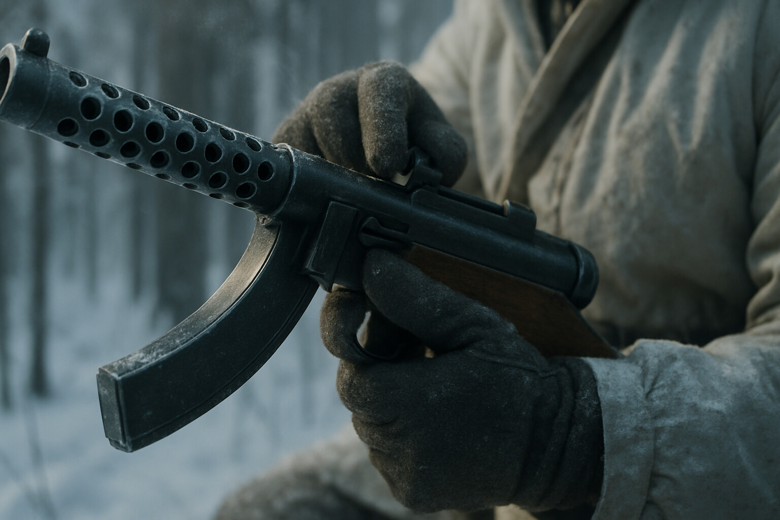 Close-up of Suomi KP/-31 submachine gun being prepared for action in extreme cold