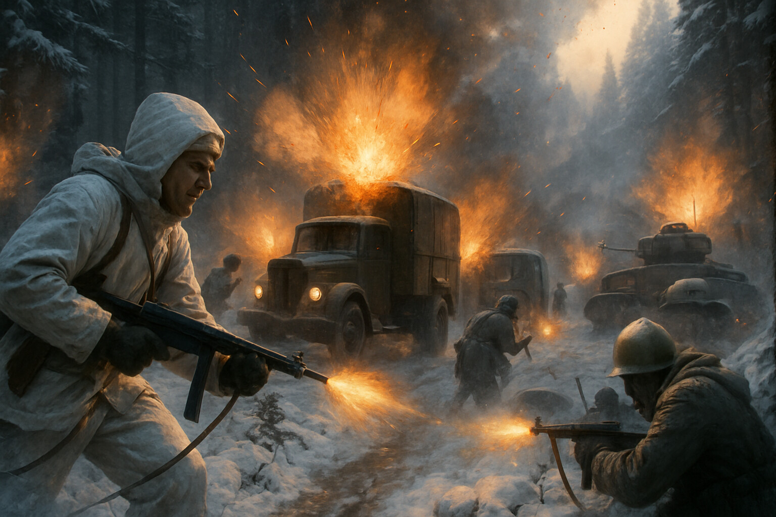 The motti ambush in action - explosions and gunfire as Finnish troops attack Soviet convoy from multiple directions
