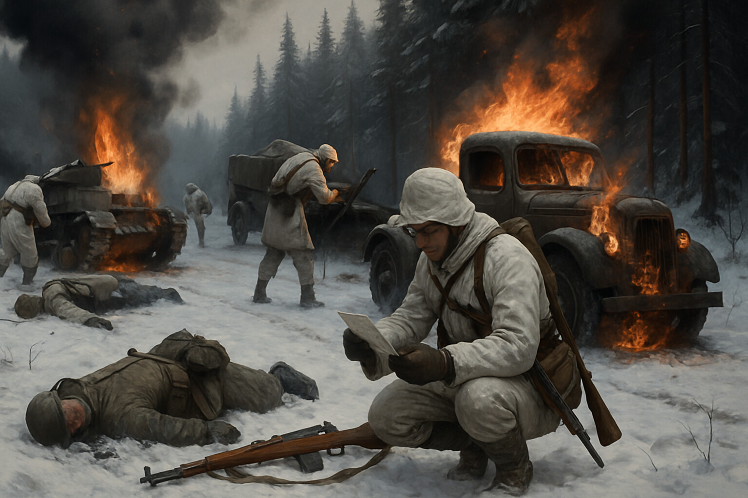 Aftermath scene - burning Soviet vehicles in snow while Finnish troops collect intelligence and equipment
