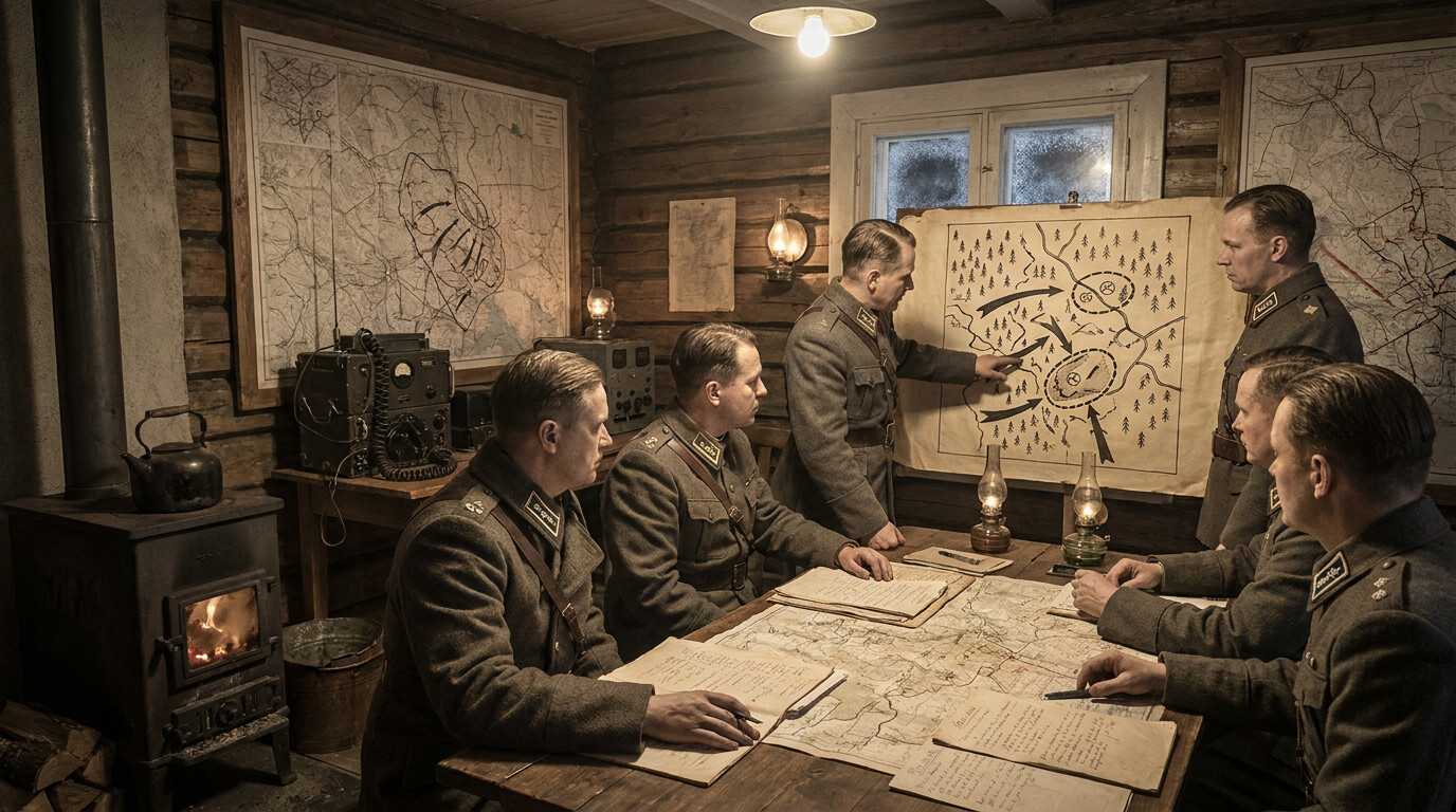 Finnish military headquarters - officers studying battle reports and maps documenting motti tactics success