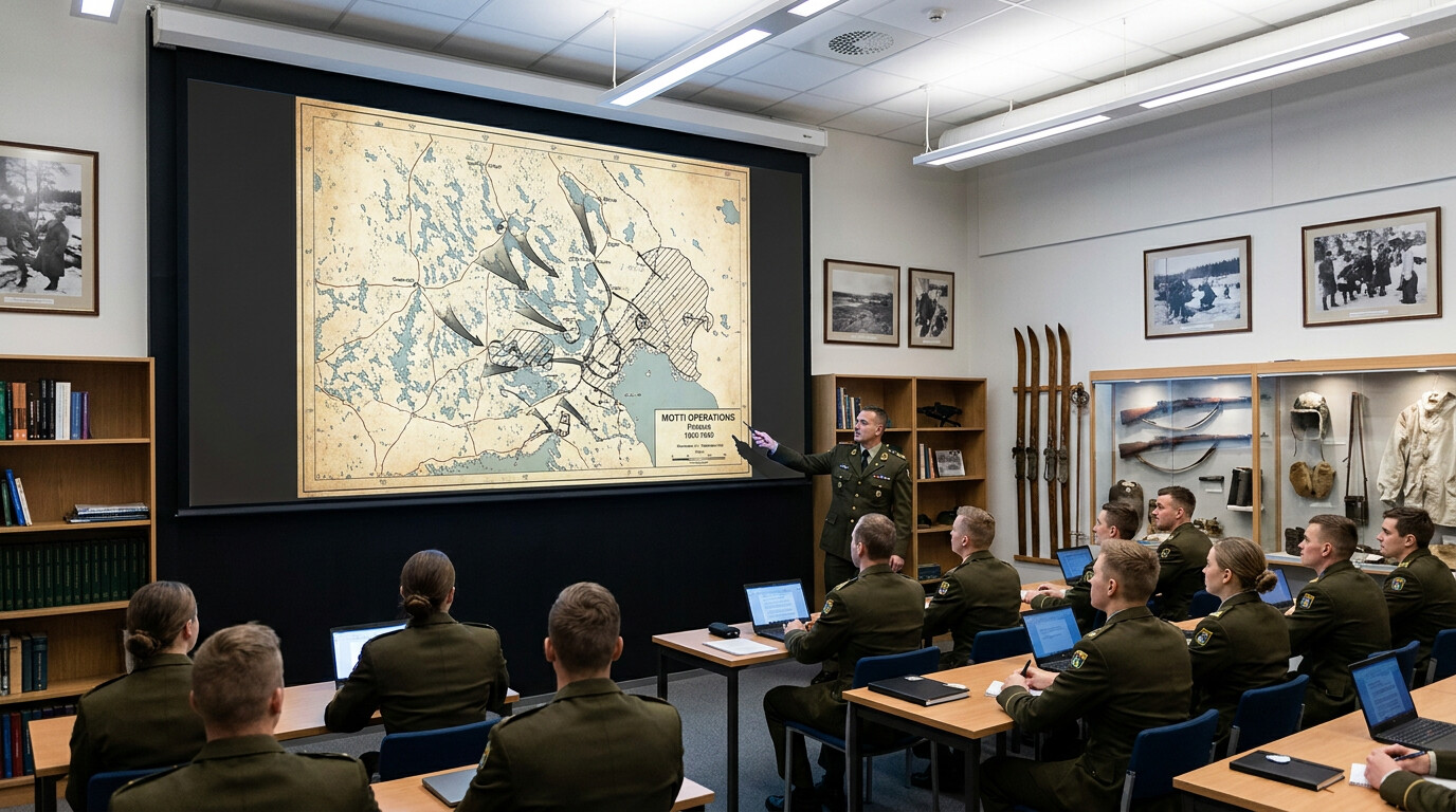 Modern military academy classroom where motti tactics are being taught as historical case study