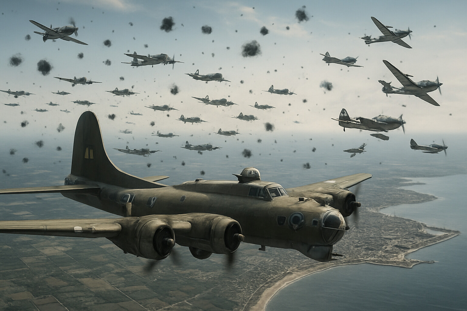 Aerial view of B-17 formations approaching Saint-Nazaire with German fighters attacking and black flak bursts in the sky