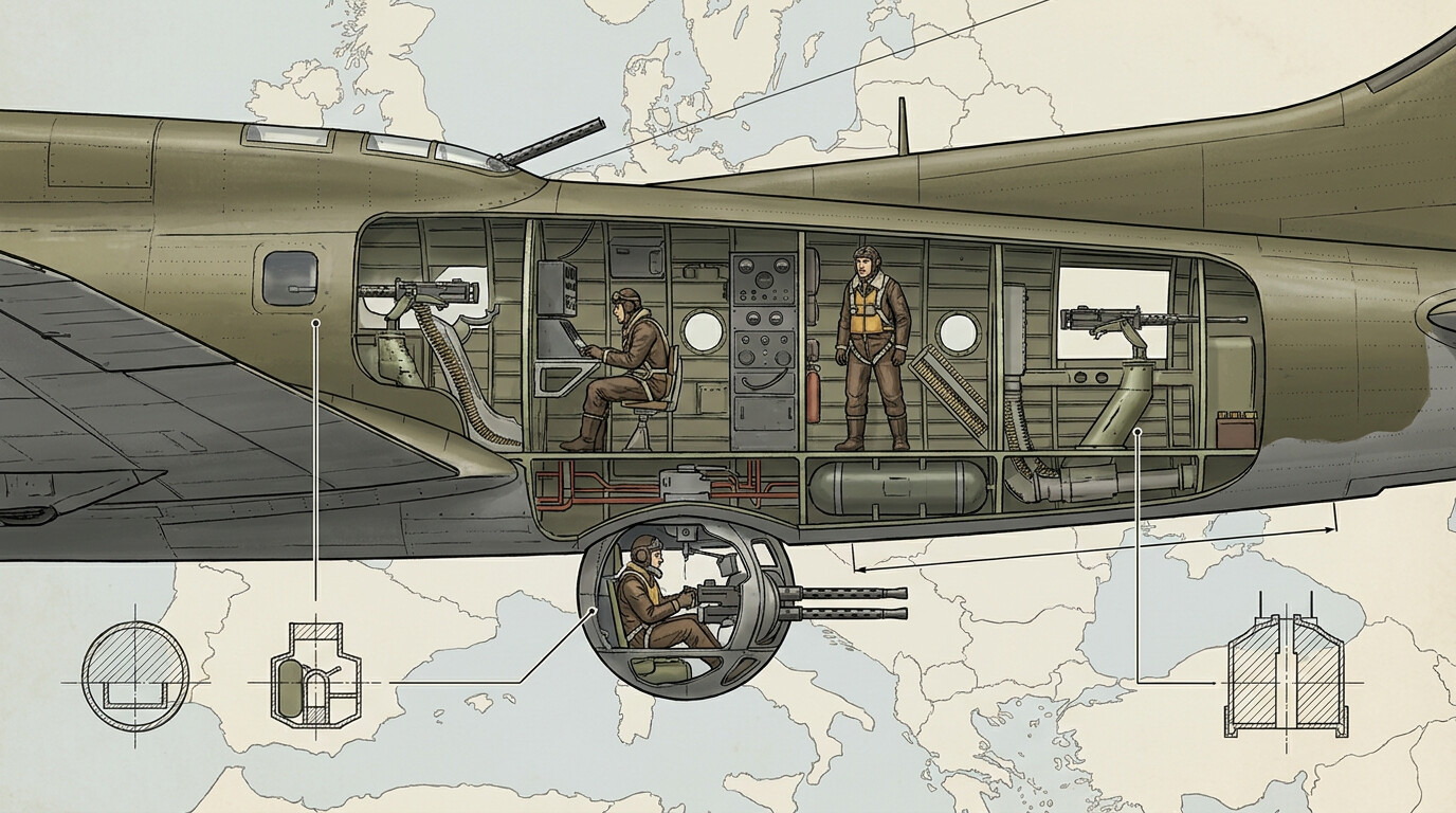 cutaway view of B-17 showing the Sperry ball turret, waist gun positions, and radio compartment where Smith fought