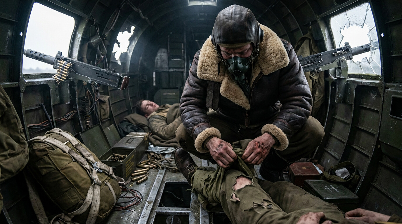 Smith treating wounded crew members in the tail section while maintaining watch for German fighters