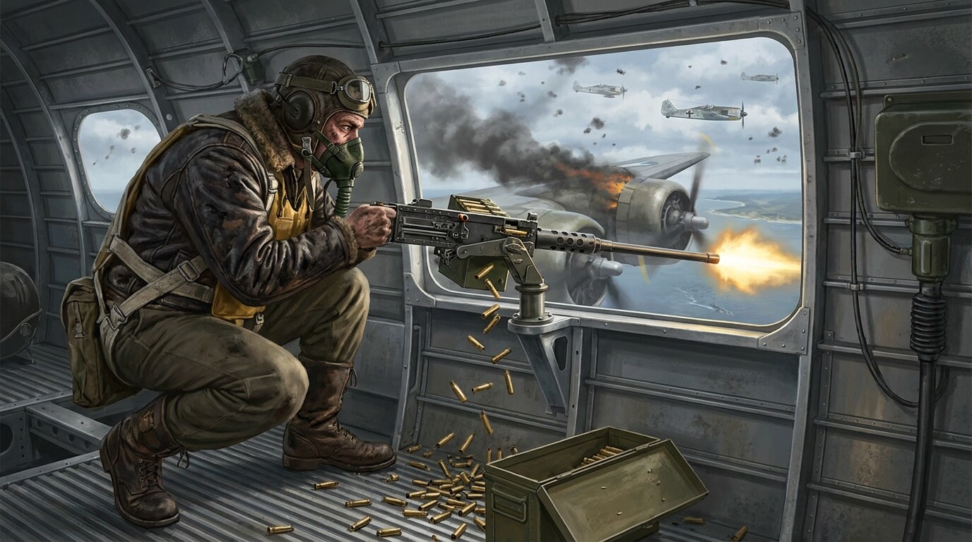 Smith manning a waist gun, firing at attacking German fighters while his aircraft trails smoke