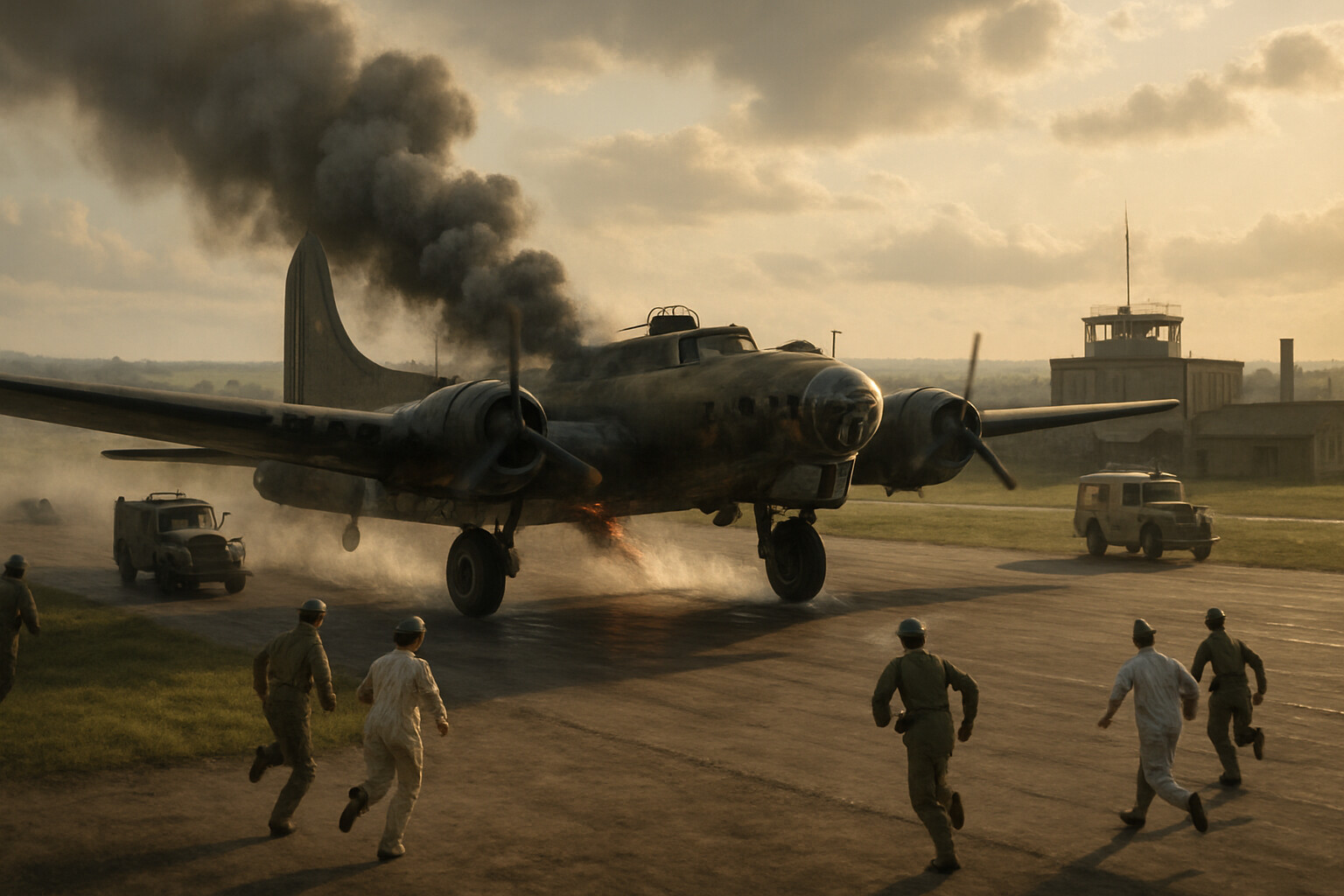The damaged B-17 touching down at RAF Thurleigh with emergency vehicles racing toward it