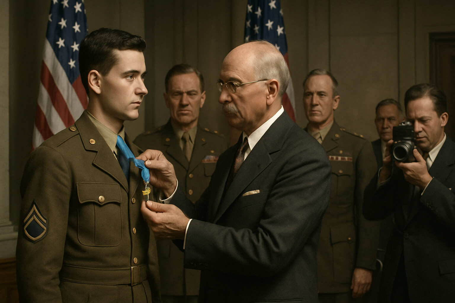 Medal of Honor presentation ceremony with Staff Sergeant Smith receiving the medal from Secretary of War Stimson