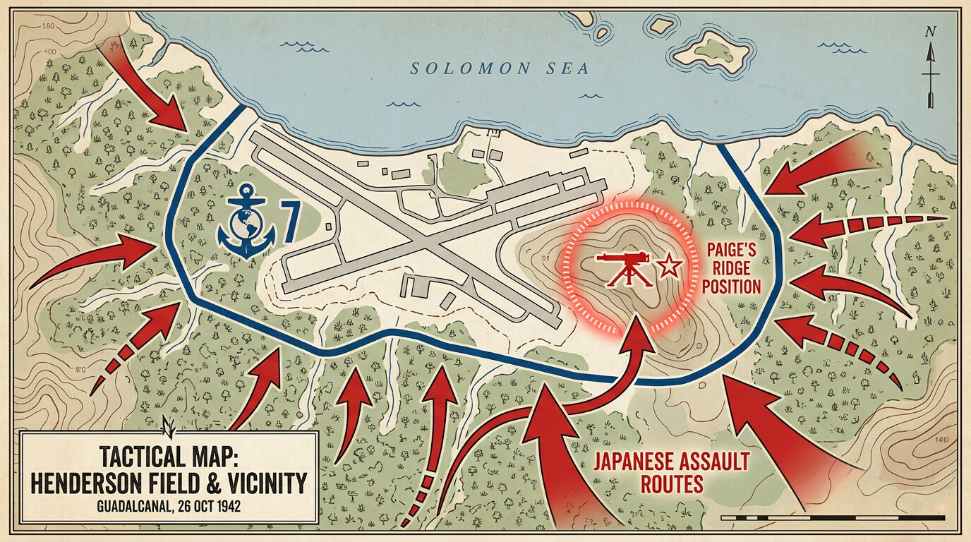 Tactical map showing Henderson Field, the Marine perimeter, and Japanese assault routes with Paige's ridge position highlighted