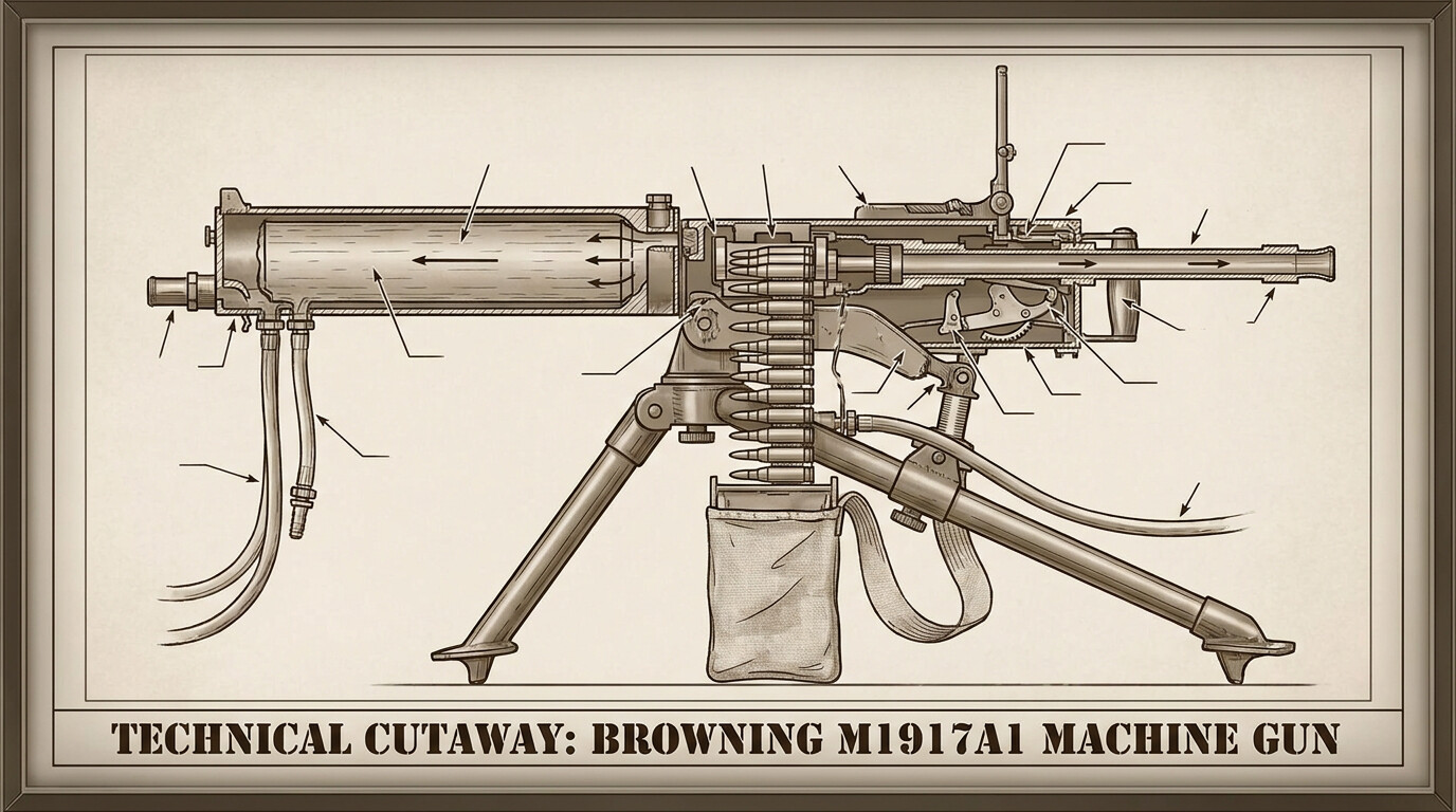cutaway illustration of the Browning M1917A1 machine gun showing its water-cooling system, belt feed mechanism, and tripod mounting
