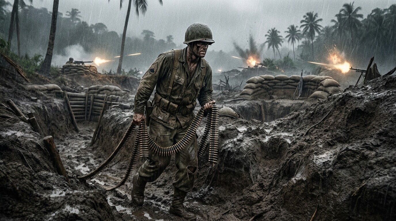Paige crawling between machine gun positions in the mud, dragging ammunition belts while under enemy fire
