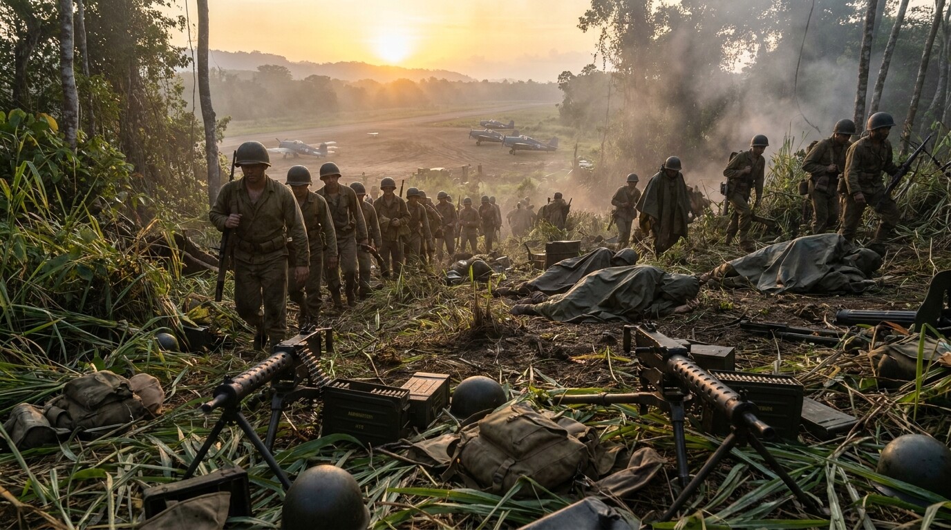 Dawn breaking over Henderson Field with Marine reinforcements arriving as Japanese attack falters, bodies scattered across the battlefield