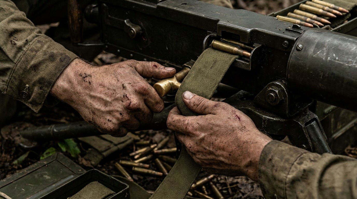 Close-up of Mitchell Paige's hands operating the machine gun, showing the technical skill and physical demands of sustained combat