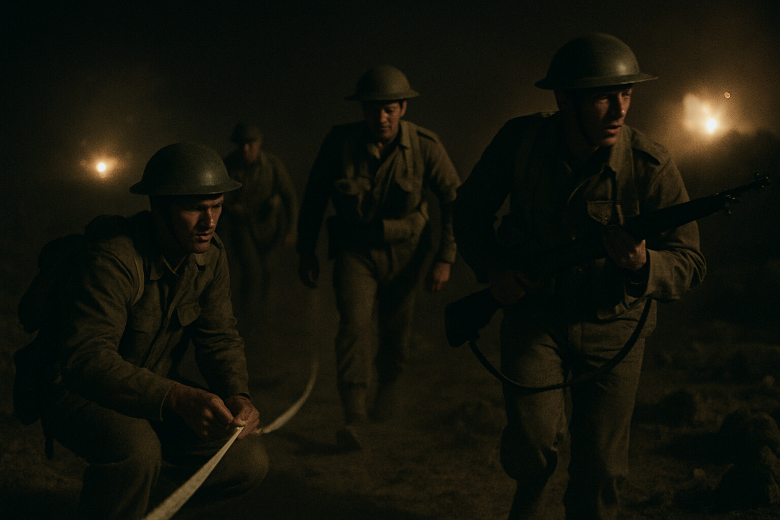 Royal Engineers and infantry moving through the minefield lanes at night, guided by white tape markers, in darkness broken only by artillery flashes and occasional enemy fire.