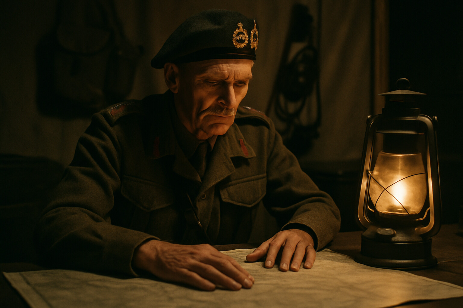 Bernard Montgomery in his command caravan at Burg el Arab, studying maps by lamplight on the night the battle opens — composed, precise, surrounded by the tools of meticulous preparation.