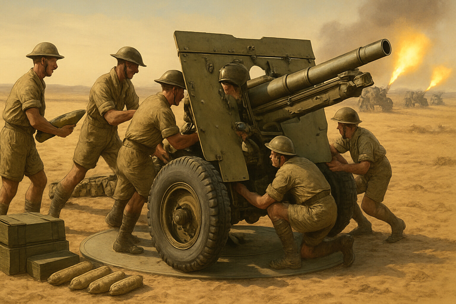 An annotated diagram-style breakdown of the QF 25-pounder field gun, showing its firing platform, separate-loading ammunition system, and crew positions, placed in the desert context of the El Alamein barrage.