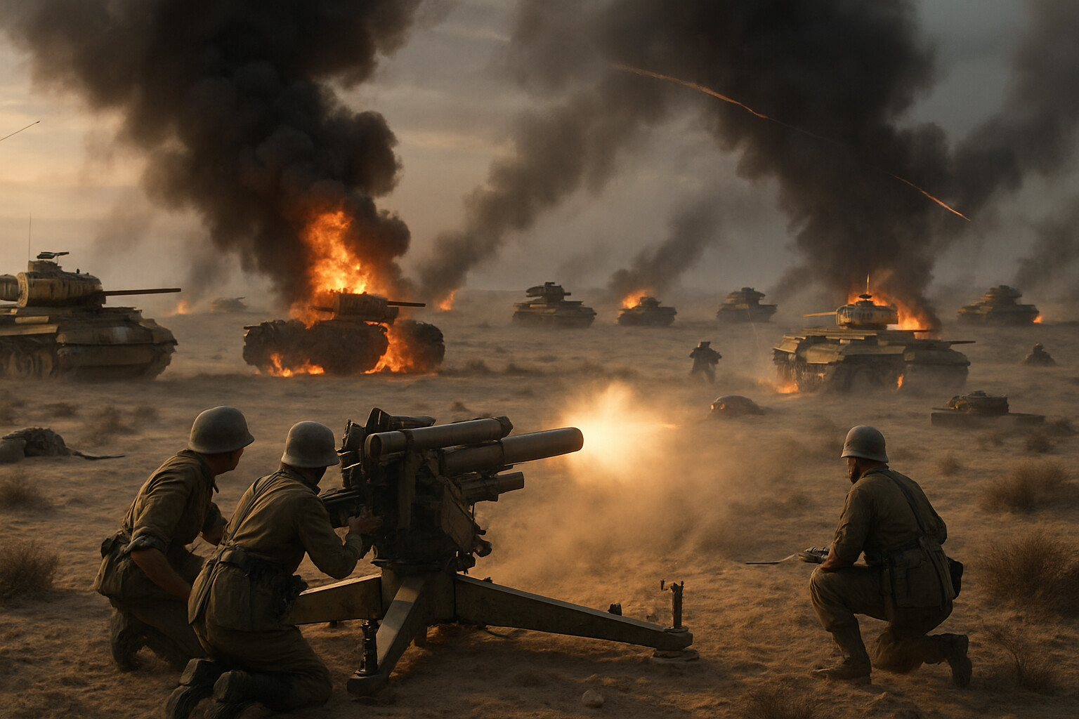 The 9th Armoured Brigade's assault at dawn on 2 November 1942 — British Sherman and Crusader tanks advancing into the German anti-tank screen, the 88mm Flak guns firing at point-blank range, tanks burning across the desert.