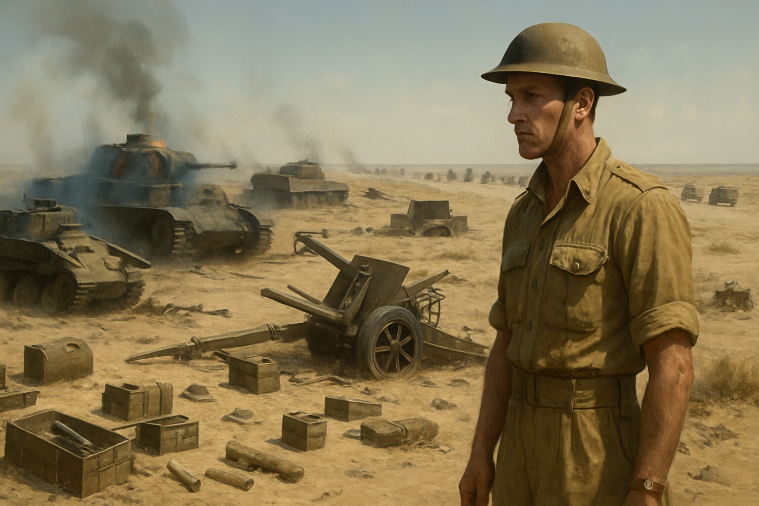 The aftermath: the desert west of El Alamein on 5-6 November 1942, littered with burned-out Axis and British tanks, abandoned guns, and equipment as the Eighth Army begins its westward advance.