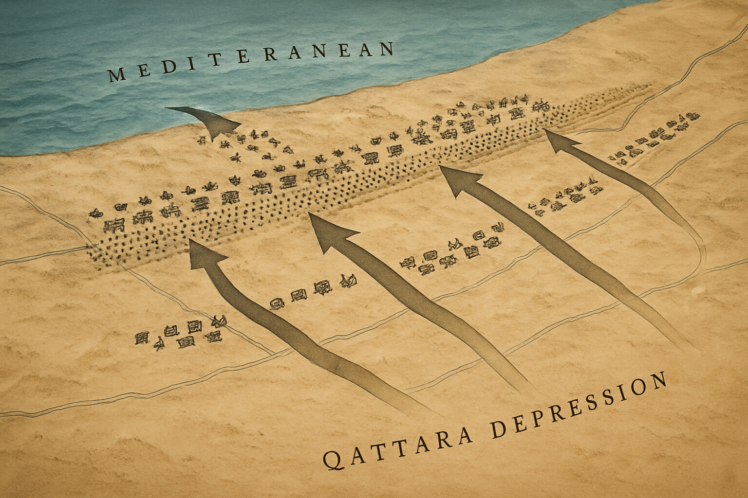 A map-view illustration of the El Alamein battlefield showing the forty-mile front between the Mediterranean and the Qattara Depression, the two main Allied attack corridors, the Axis defensive belt of minefields, and the westward direction of the eventual Axis retreat.