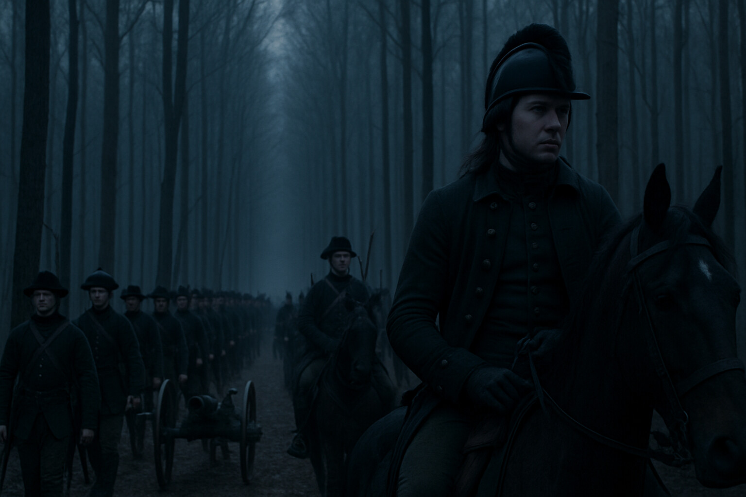 The British Legion column advancing in the pre-dawn darkness toward the Cowpens: cavalry, infantry, and the two grasshopper guns, moving through South Carolina pine and hardwood forest.