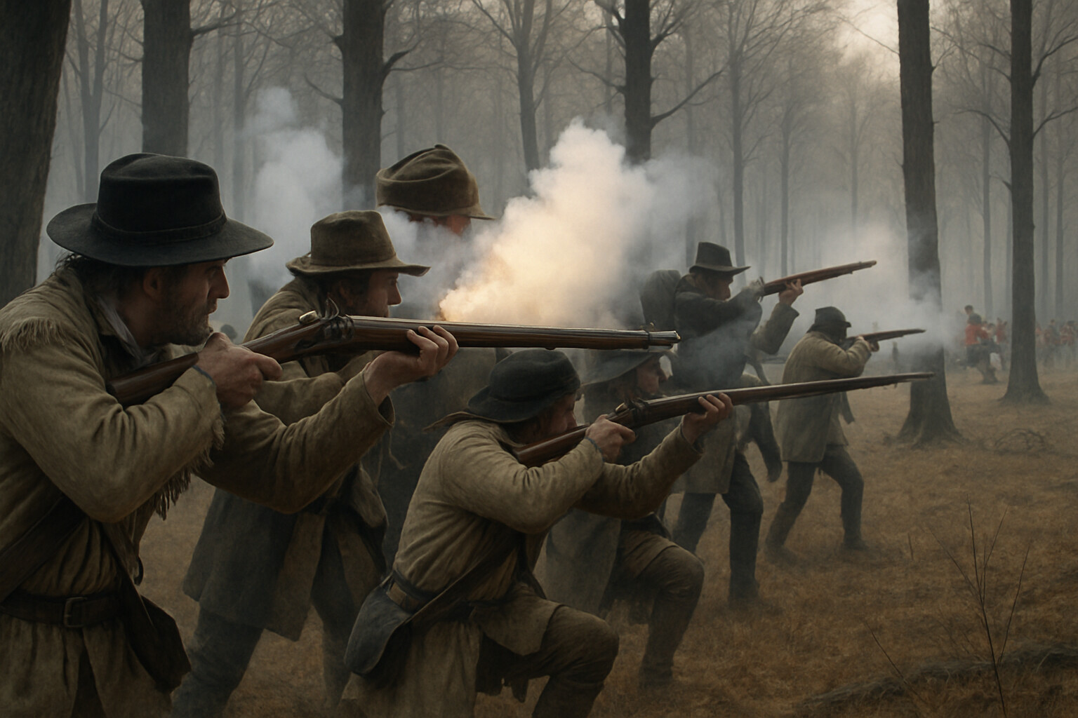 The American skirmisher line—frontier riflemen in hunting shirts—fires its aimed first volleys at the advancing British from the edge of the open ground, targeting British officers visible by their epaulets.