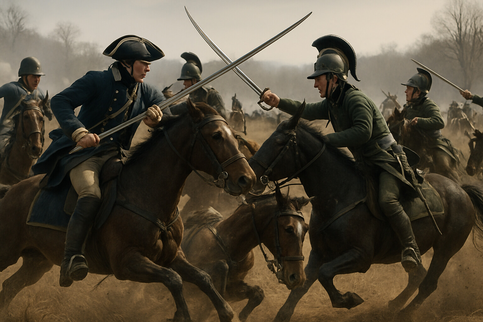 William Washington's Continental dragoons slam into the British Legion cavalry in a mounted melee on the American flank, sabers clashing in the open ground.