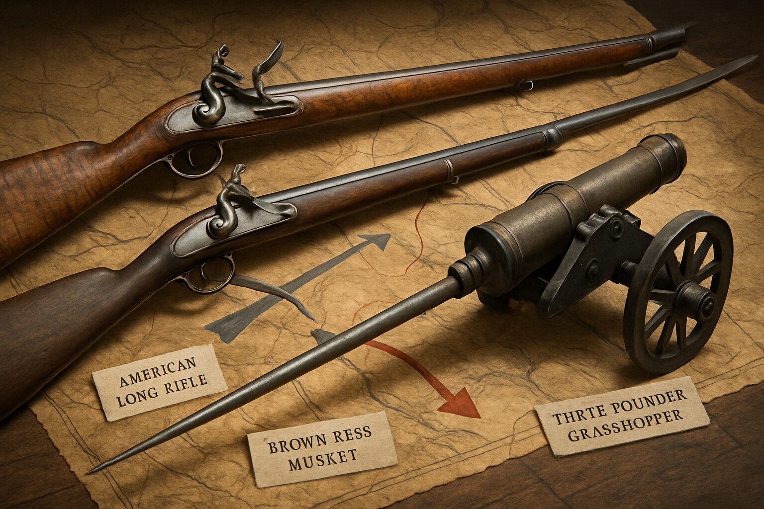 Equipment detail panel: a close-up, museum-quality illustration of the three key weapons of Cowpens—the American long rifle, the British Brown Bess musket with bayonet fixed, and the British three-pound grasshopper gun—arranged as historical artifacts on a wooden surface or military map of the battle.