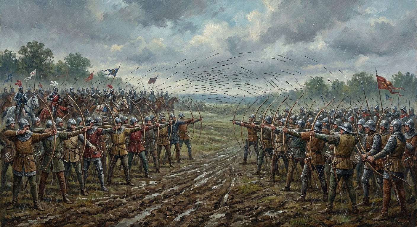 English longbowmen loosing arrows at Agincourt