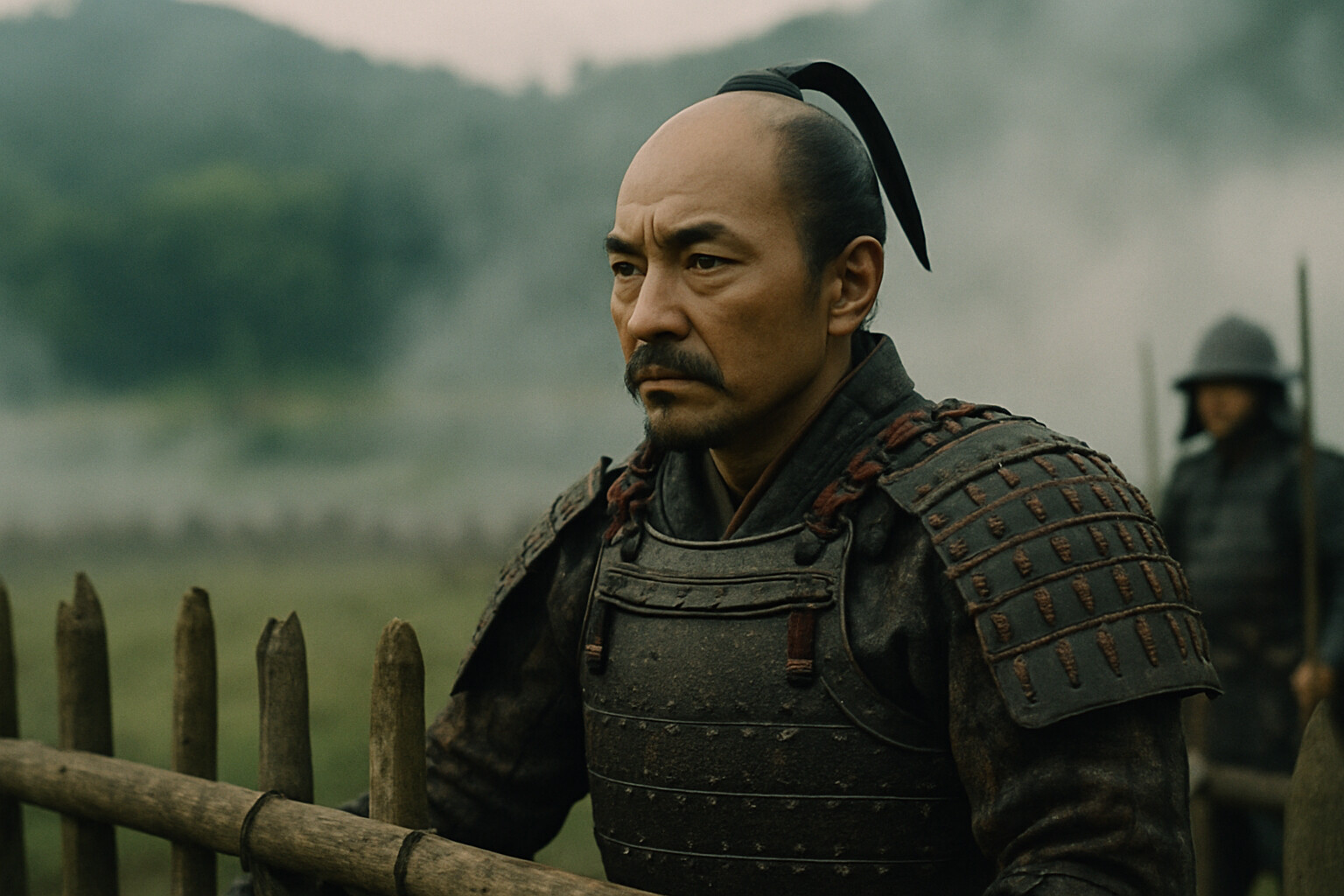 Portrait of Oda Nobunaga at his command position behind the palisade line, watching the field, in full campaign armor, with the weight of the strategic moment visible in his bearing.