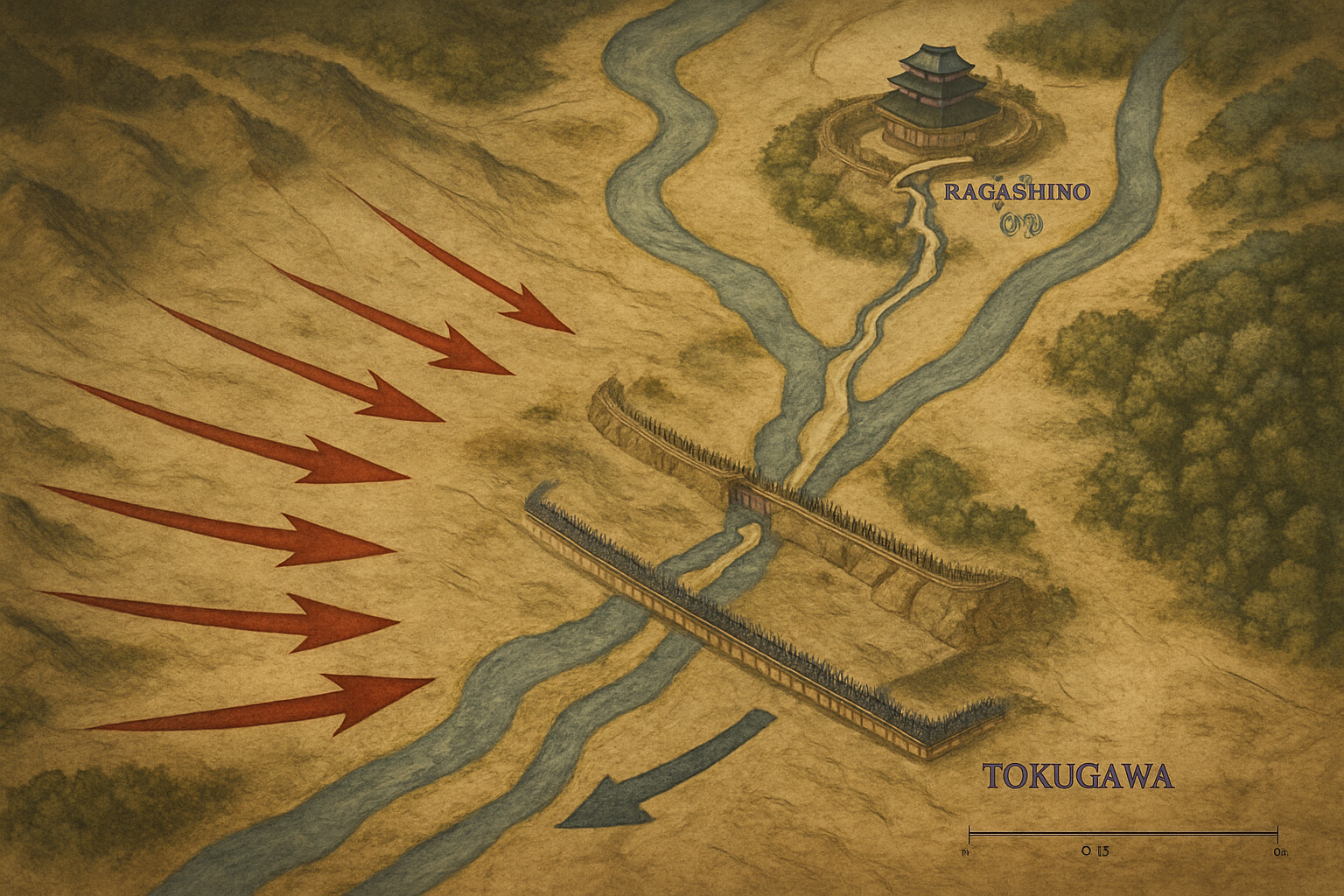 Tactical diagram / map visual: a bird's-eye view of the Nagashino battlefield showing the castle, the rivers, the palisade line, and the Takeda assault arrows converging on the Oda-Tokugawa position.