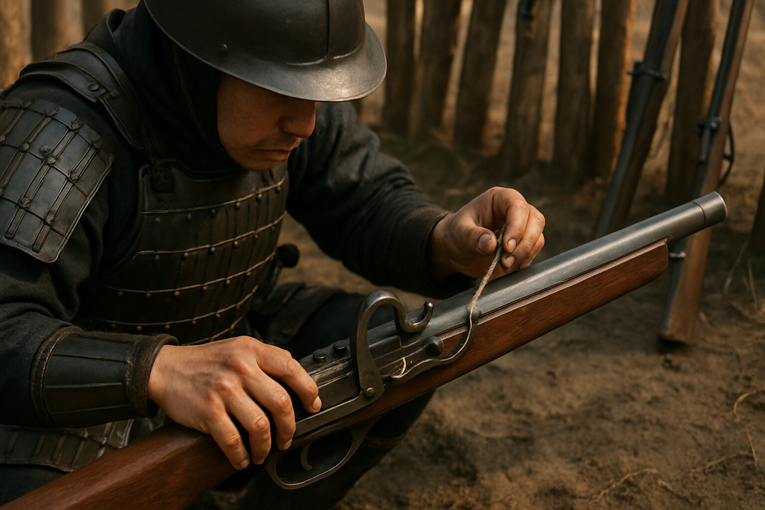 Equipment detail: close examination of a tanegashima matchlock arquebus—the weapon that decided the battle—with a Japanese ashigaru soldier loading or priming the weapon, showing the mechanical details of the matchlock firing mechanism.