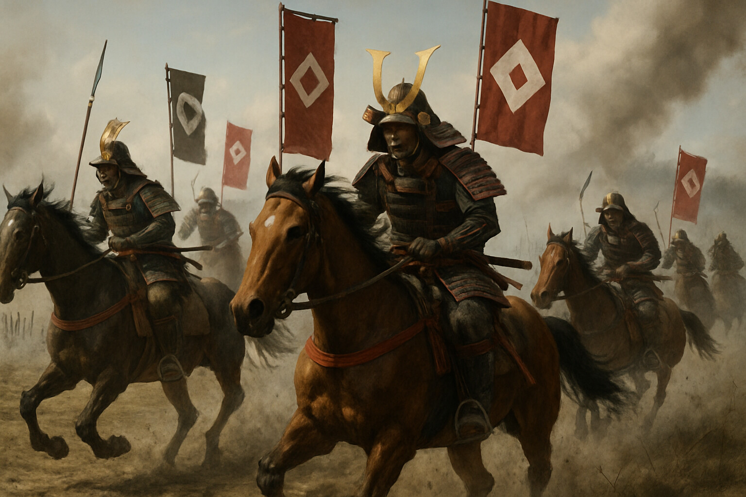 The Takeda cavalry charge: mounted samurai in full armor riding hard across broken ground toward the palisade line, through smoke and the chaos of incoming arquebuse fire, horses beginning to break their stride at the stakes.