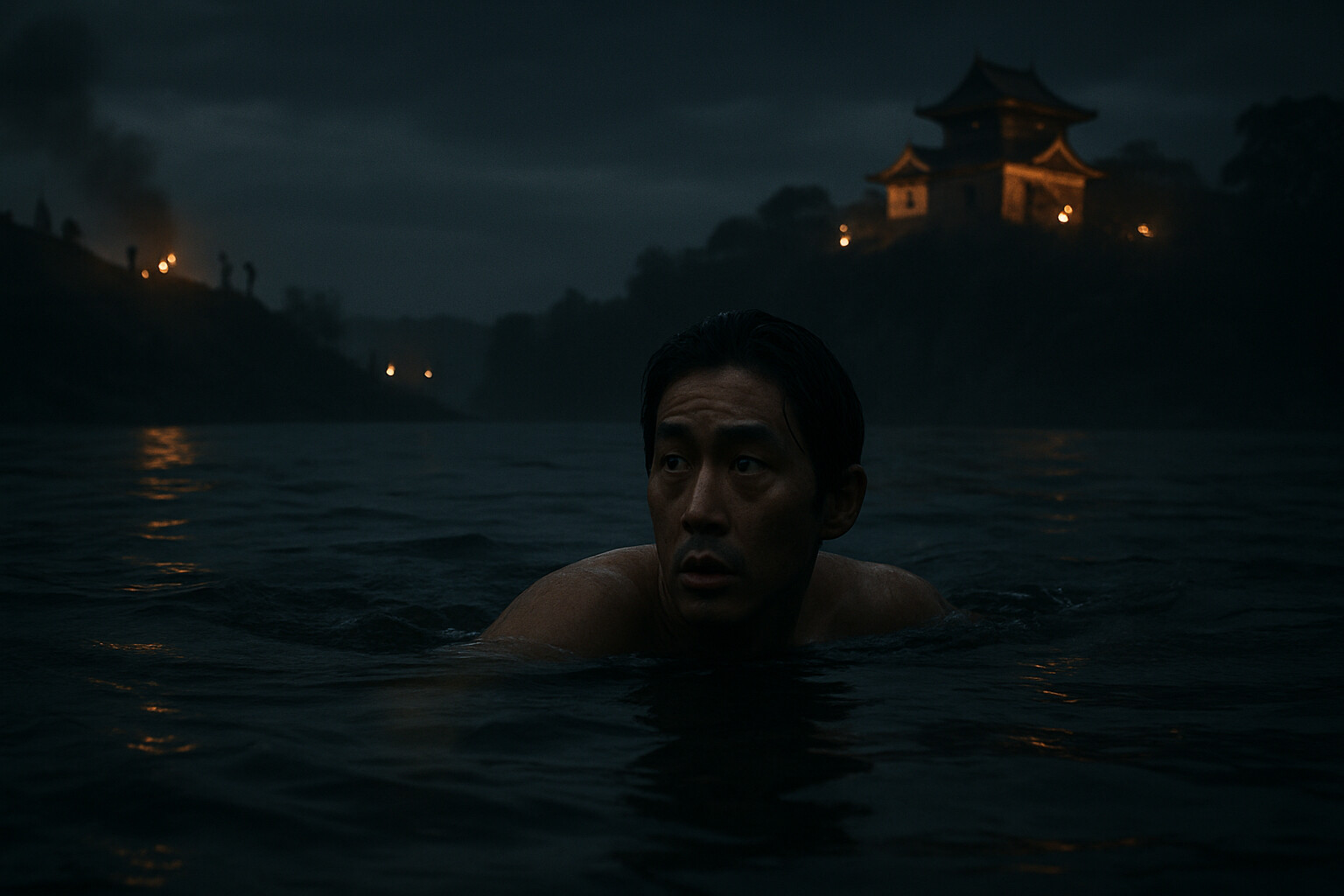 The intimate human scene: Torii Suneemon, the messenger, swimming the dark river at night to escape the Takeda siege lines—a solitary figure in a cold dark river, the castle's torchlight barely visible behind him.