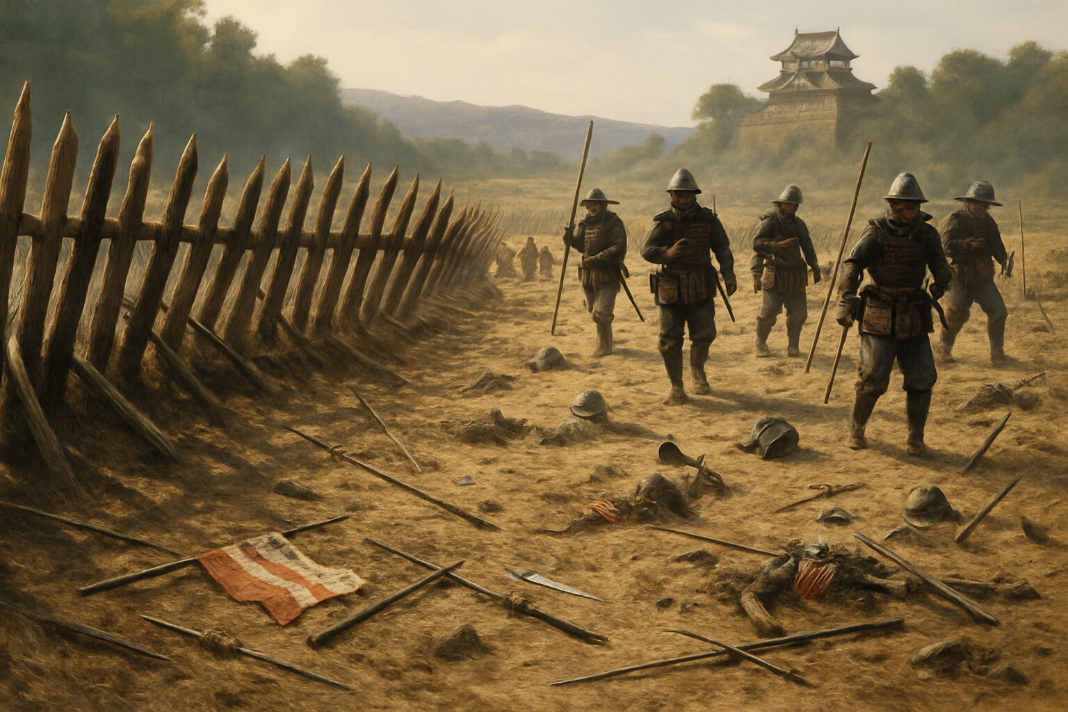Aftermath: the plain at Nagashino after the battle—scattered evidence of the Takeda assault on the ground before the palisade line, soldiers moving through the wreckage, and in the distance the castle with its garrison visible. The cost of the morning is visible without being gratuitously graphic.