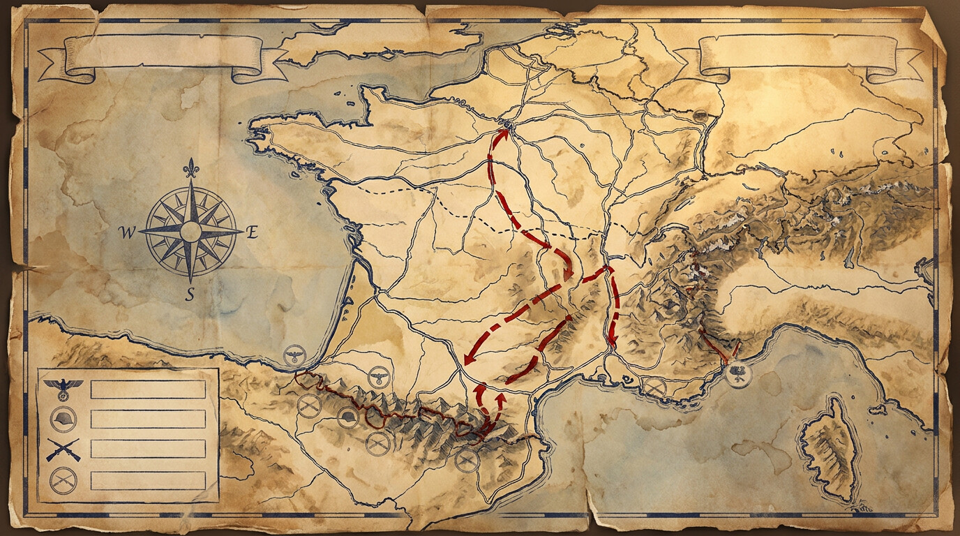Map showing Wake's escape routes through occupied France and the Pyrenees to Spain